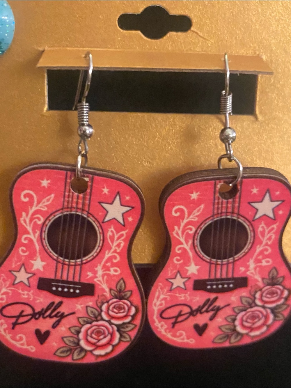 Dolly Parton Guitar Earrings with stars hearts and flowers large double-sided